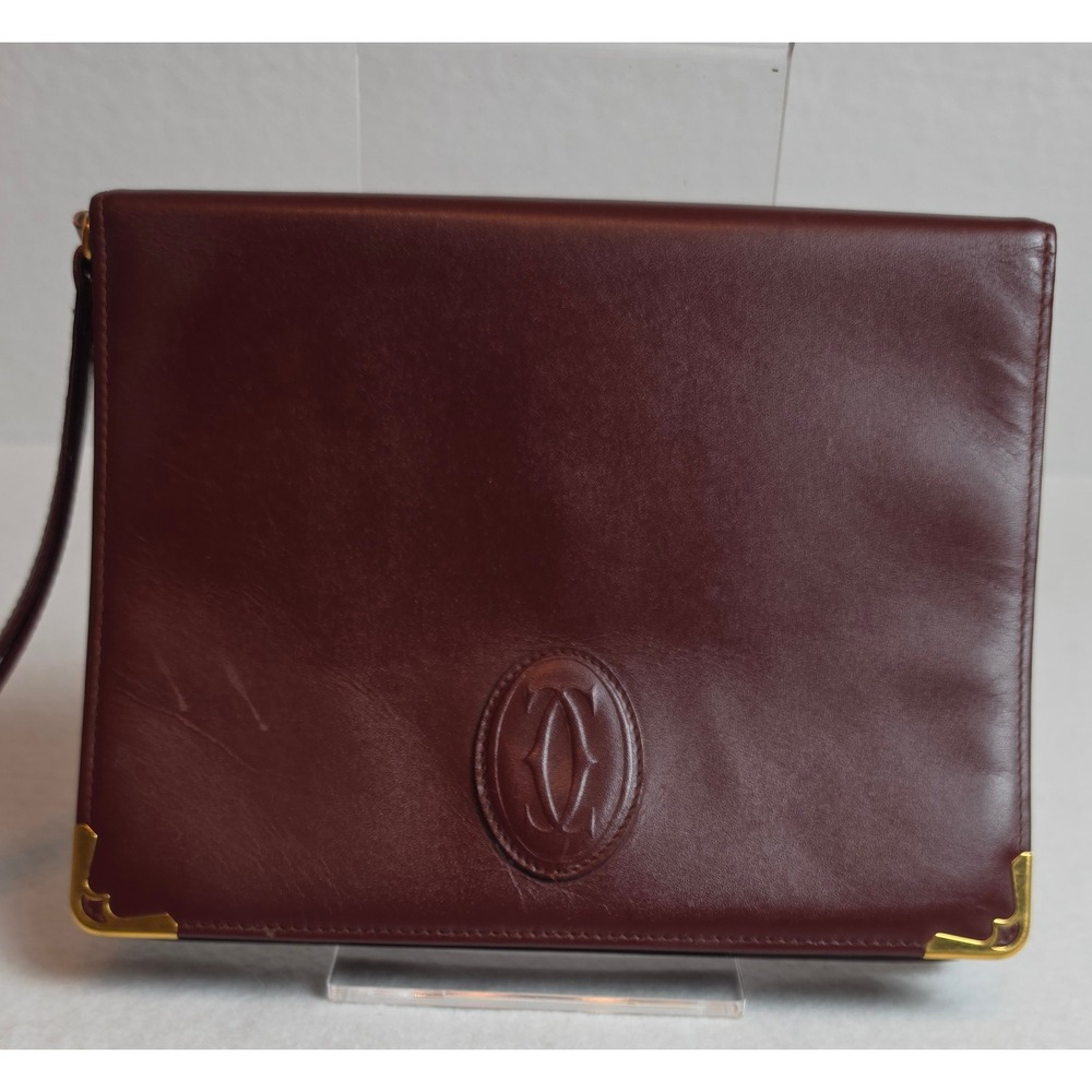 Cartier Must de Cartier Burgundy Leather Clutch Bag Gold Corners Vintage Paris